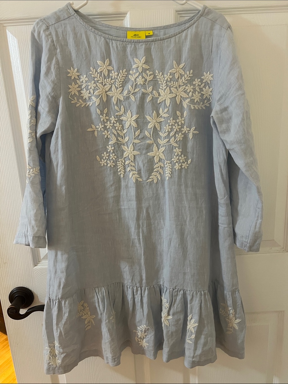 Roller Rabbit Light Blue Linen Dress with Cream Floral Embroidery